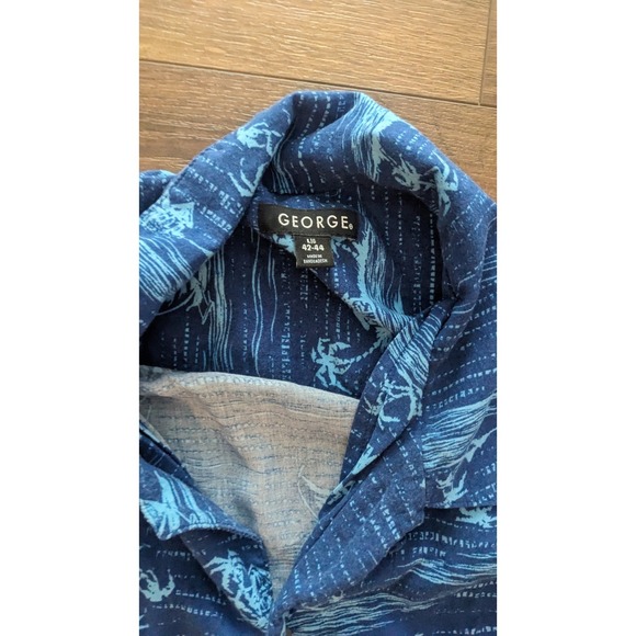 George Mens XL 42-44 Blue Island Print Short Sleeve Button Up Casual Shirt - Picture 3 of 4